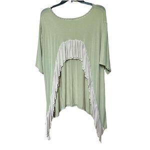 POL Tunic Med Lt Green Sharkbite Hem Faux Pearls Boho Oversized Exposed Back
